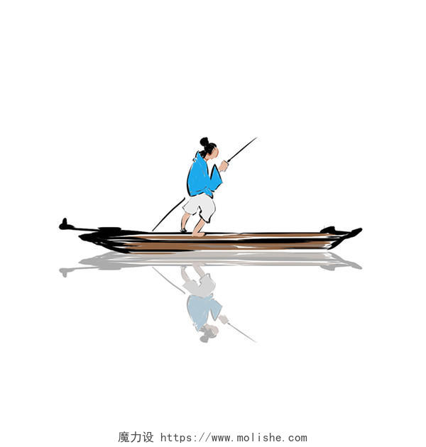 彩色原创古风中国风水墨渔夫渔船划船元素PNG素材